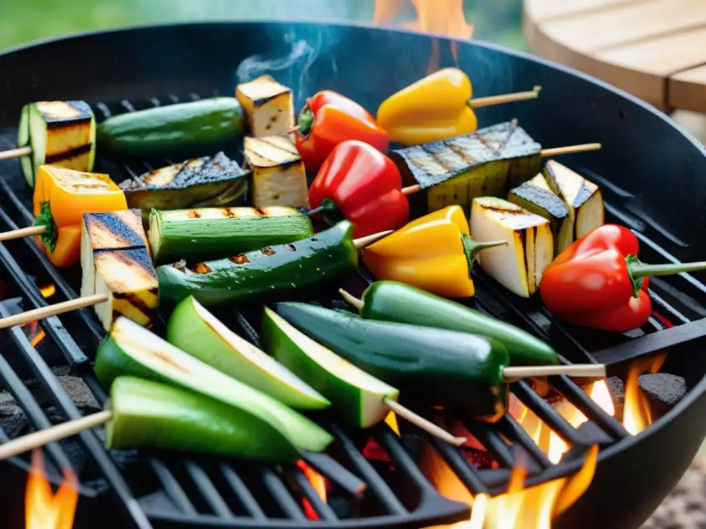 Un festín vegano en la parrilla: variedad de brochetas de verduras, tofu dorado y amigos felices en un asado vegano recetas gastronomía