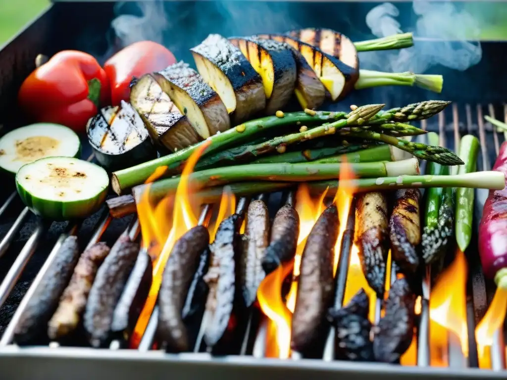 Un festín vegano en la parrilla: vegetales coloridos y jugosos chisporrotean, creando una deliciosa escena de recetas asado vegano parrilla