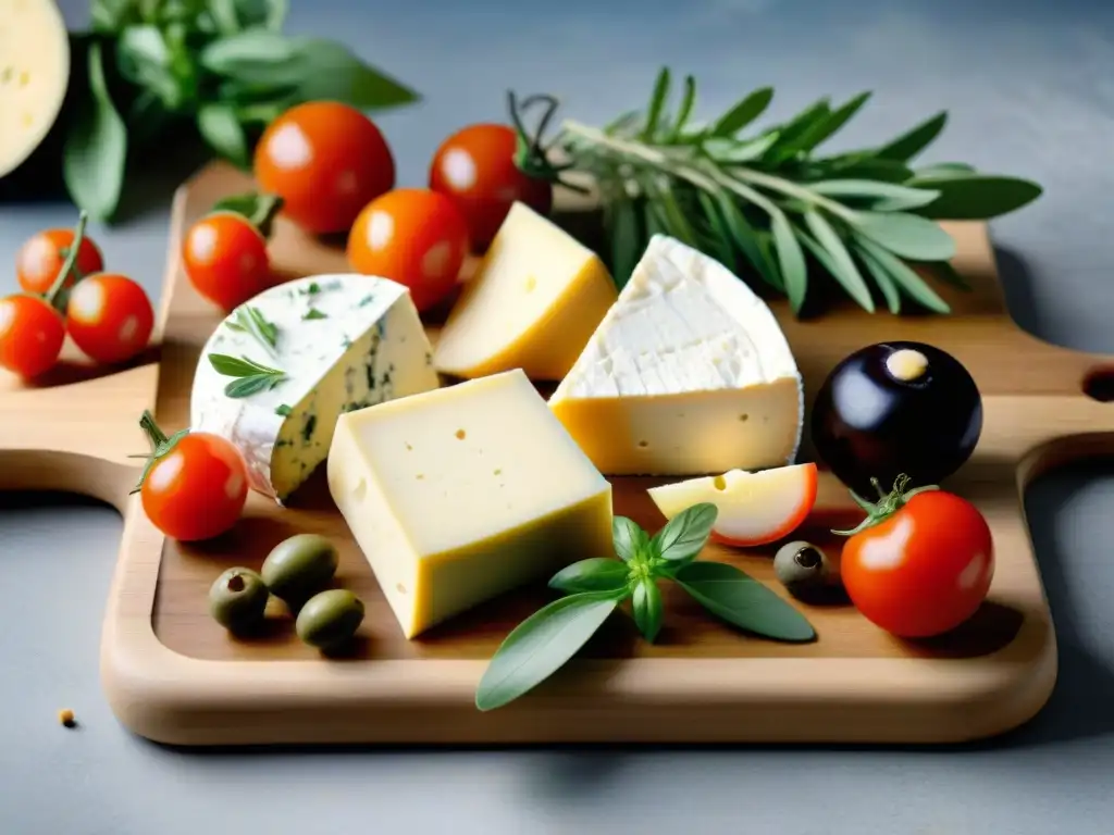 Un festín vegano: queso vegetal en tabla de madera con hierbas frescas y tomates, perfecto para recetas asado uruguayo con queso vegetal