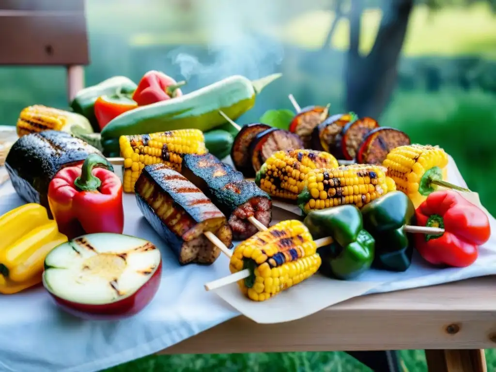 Un festín vegano vibrante al aire libre: asado vegano recetas gastronomía, con brochetas, maíz, pimientos, salchichas y hamburguesas