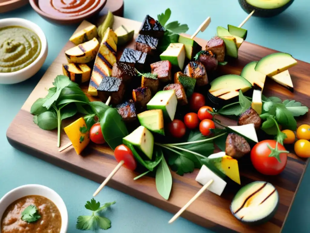 Un festín vegano vibrante y colorido: asado vegano recetas gastronomía, brochetas de verduras, tofu y salchichas, con salsas y dip de aguacate