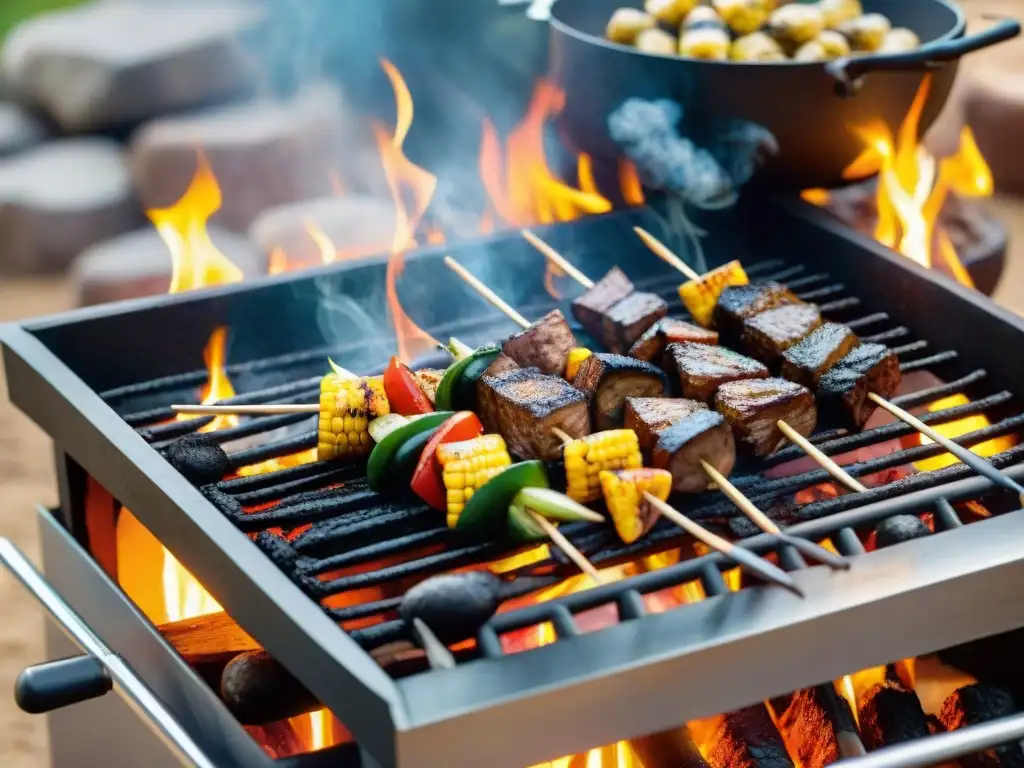 Un festín vegetal en la parrilla: brochetas de verduras, portobellos, maíz y salchichas vegetales asándose a la perfección al atardecer