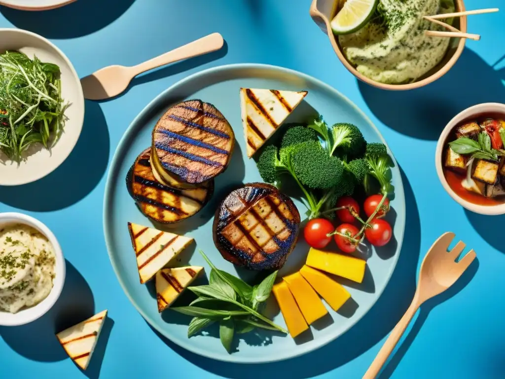 Un festín vegetal vibrante en un asado al aire libre, con opciones como champiñones a la parrilla, brochetas de verduras y filetes de tofu