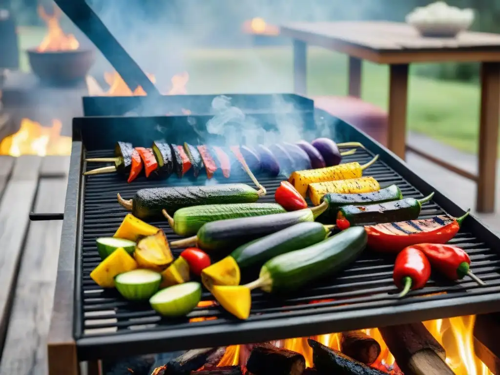 Un festín de vegetales en el asado uruguayo: parrilla repleta de pimientos, calabacines, berenjenas y amigos disfrutando