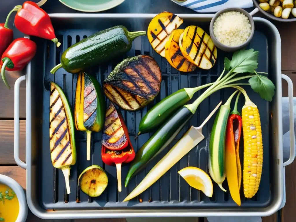 Un festín de vegetales asados en la parrilla para un asado uruguayo, con colores vibrantes y sabores irresistibles