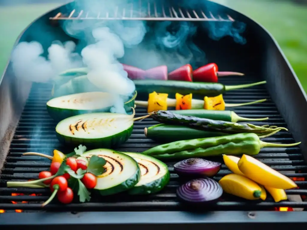 Un festín de vegetales a la parrilla, con marcas carbonizadas y humo, reflejando la esencia del asado vegano en la gastronomía uruguaya