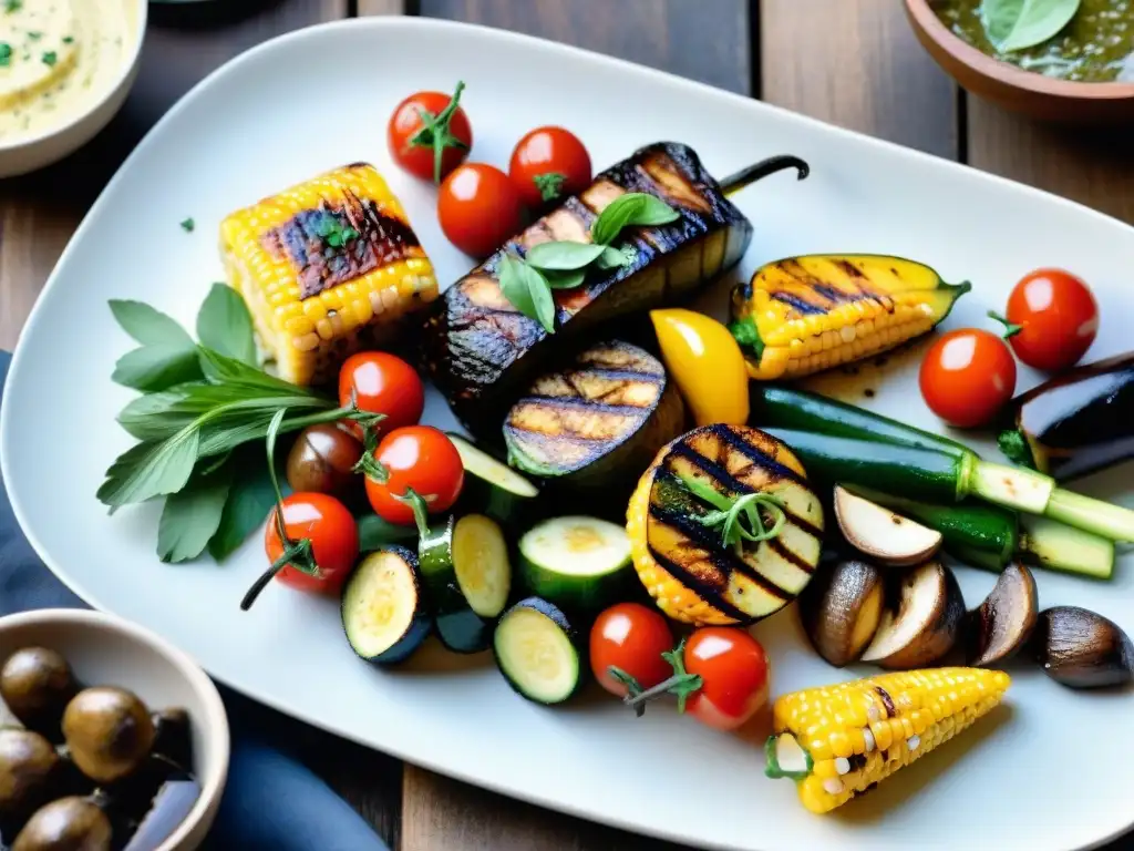 Un festín vegetariano asado uruguayo con vegetales coloridos y jugosos en una tabla rústica