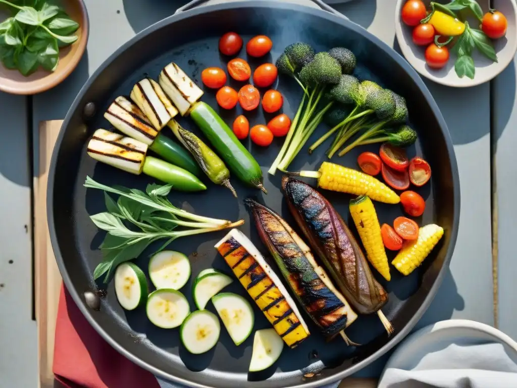 Un festín vegetariano en la parrilla con verduras coloridas y suculentas, listas para disfrutar en un día soleado