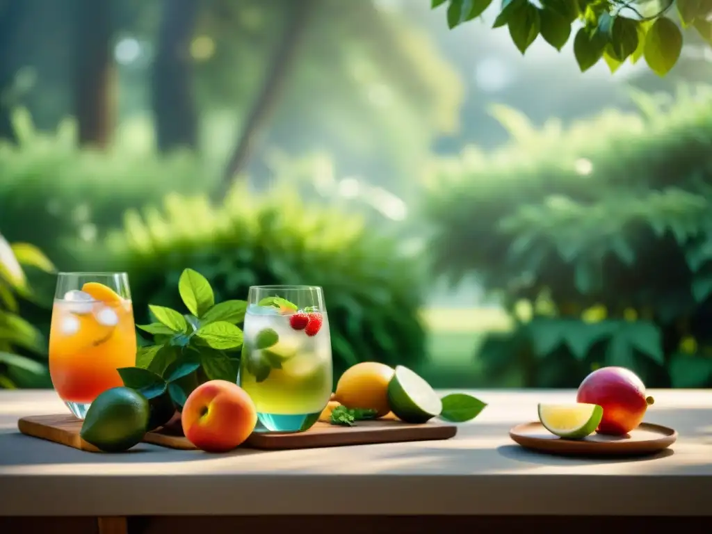 Un festín de verano con bebidas refrescantes en un entorno natural vibrante