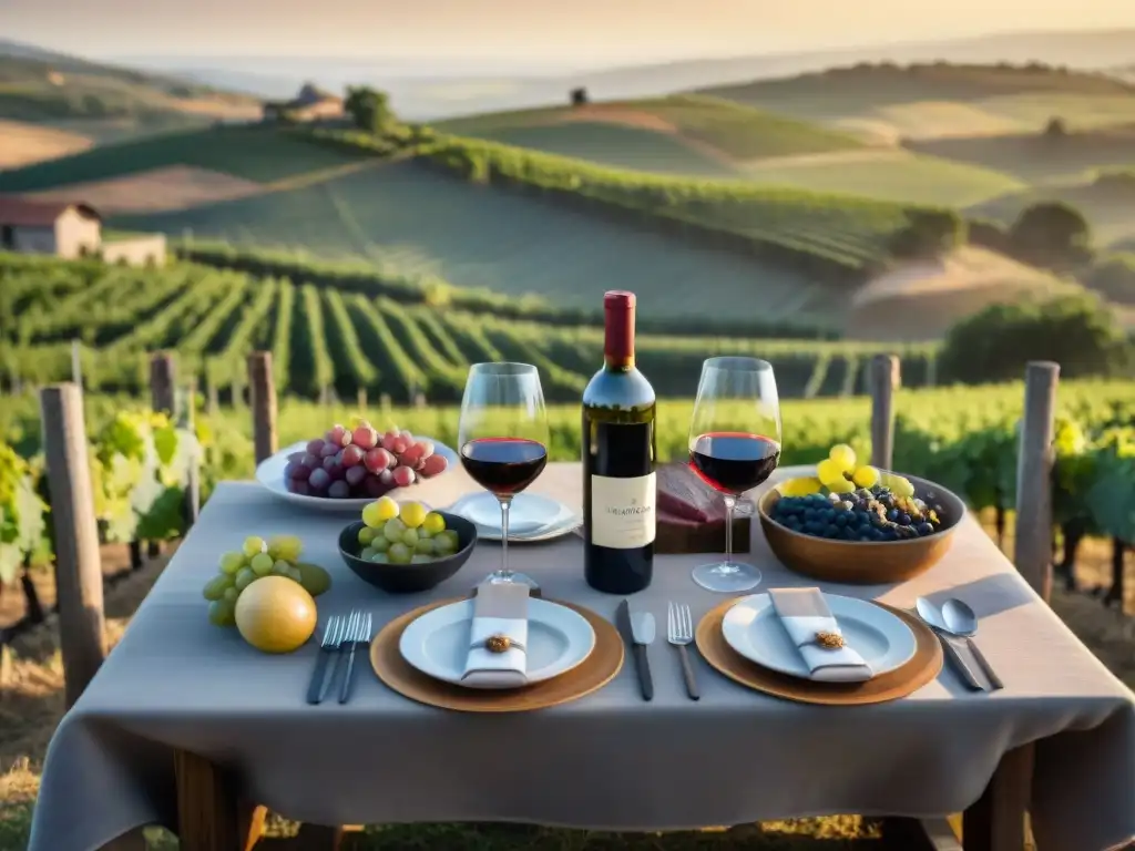 Un festín en un viñedo de Uruguay al atardecer, con vino, asado y maridajes