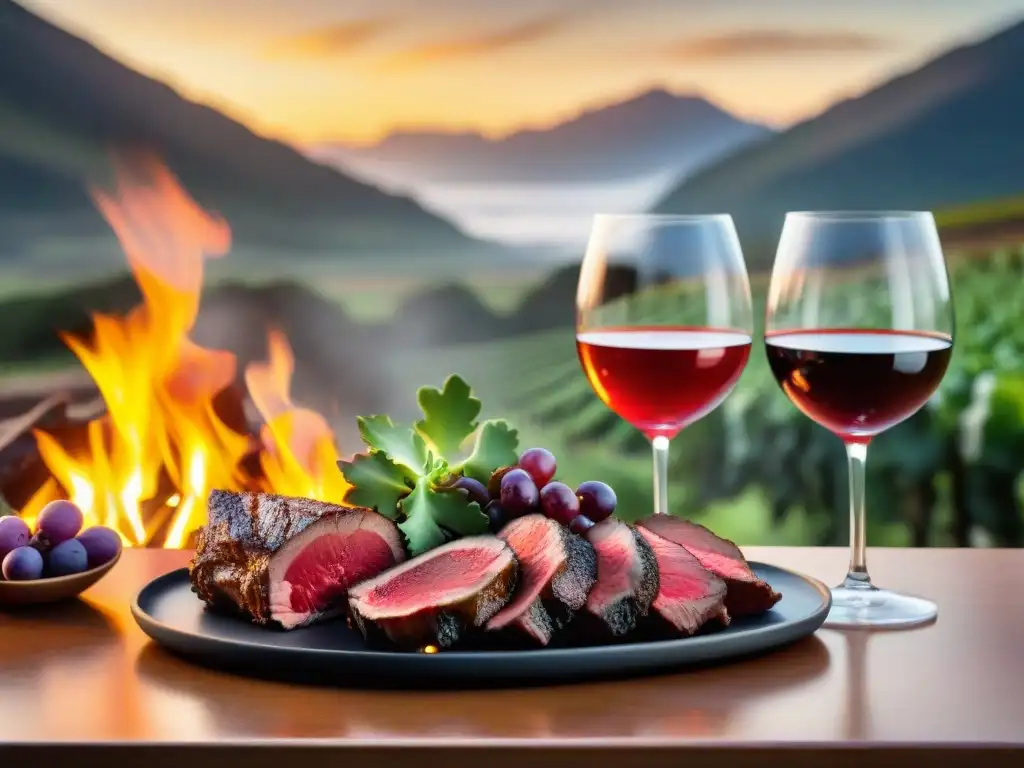 Un festín de vinos jóvenes y asado uruguayo: copas de vino tinto vibrante junto a la parrilla humeante