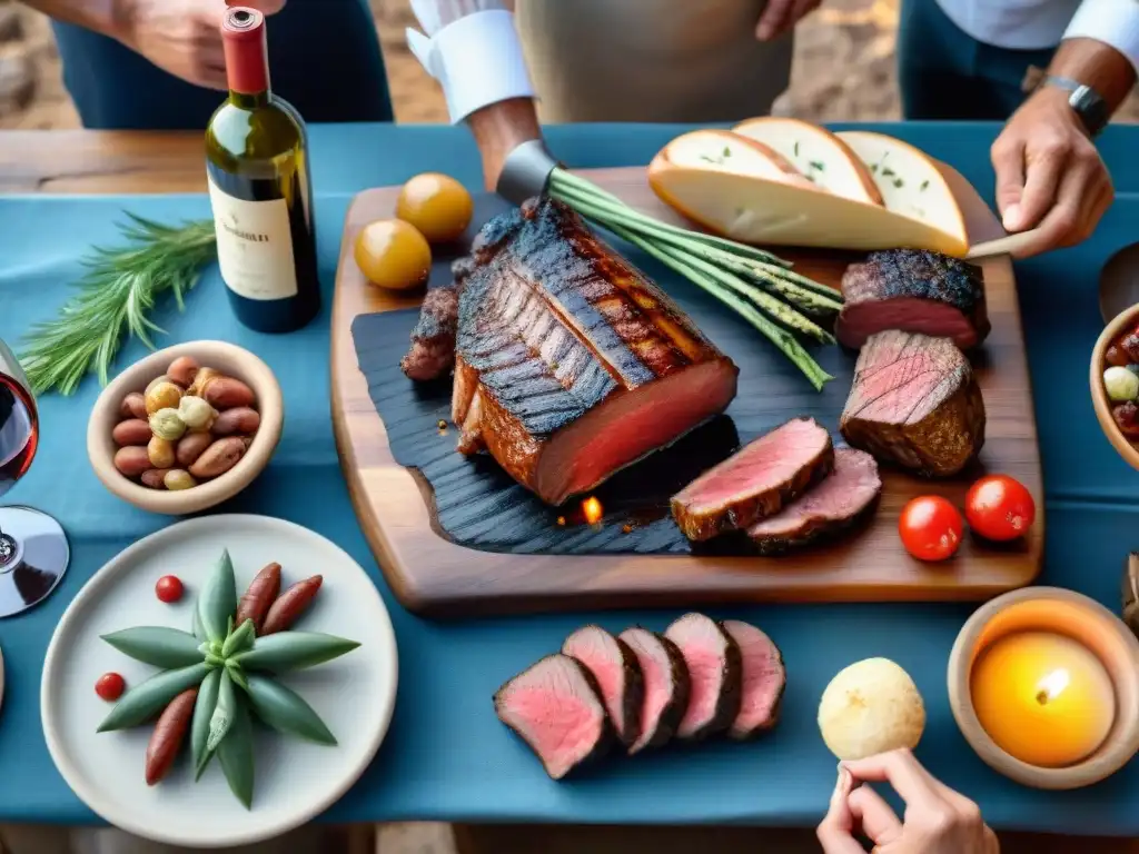 Un festín de vinos uruguayos para asado: mesa rústica con carnes a la parrilla y copas de vino en elegante presentación