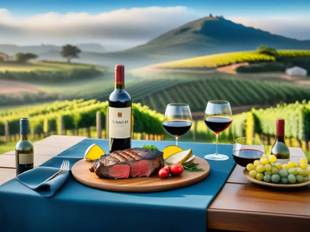 Un festín de vinos uruguayos maridaje asado en un entorno campestre acogedor, con mesa rústica, parrilla asando carne y viñedos al fondo