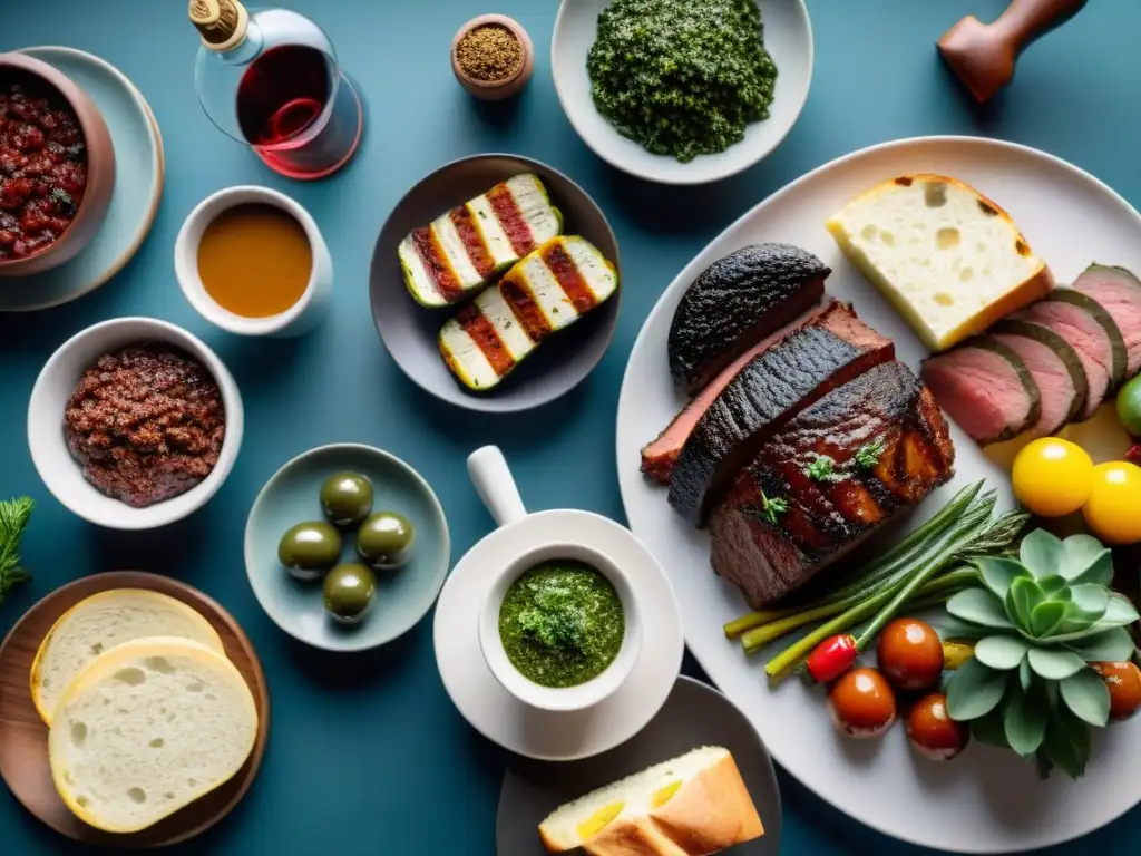 Un festín visual de asado argentino con chorizo, morcilla, asado de tira, chimichurri, vinos Malbec y Torrontés