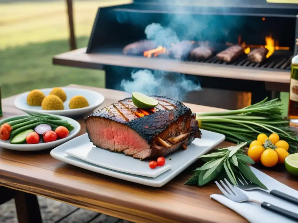 Un festín visual de asado uruguayo y destilados locales en una mesa elegante