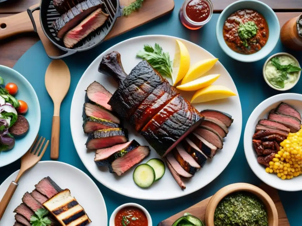 Festín visual de un asado uruguayo sin gluten: carnes, ensaladas y chimichurri en una mesa rústica