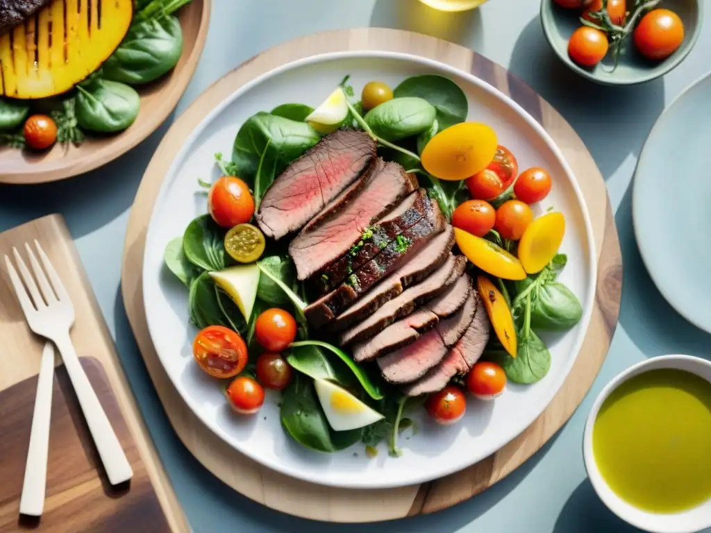 Un festín visual: un asado uruguayo beneficioso para la salud con carne magra, verduras asadas y aceite de oliva, contra un atardecer dorado de verano