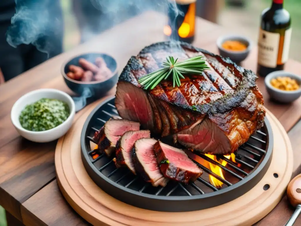 Un festín visual de asado uruguayo acompañado de whisky, evocando el maridaje de asados con whisky