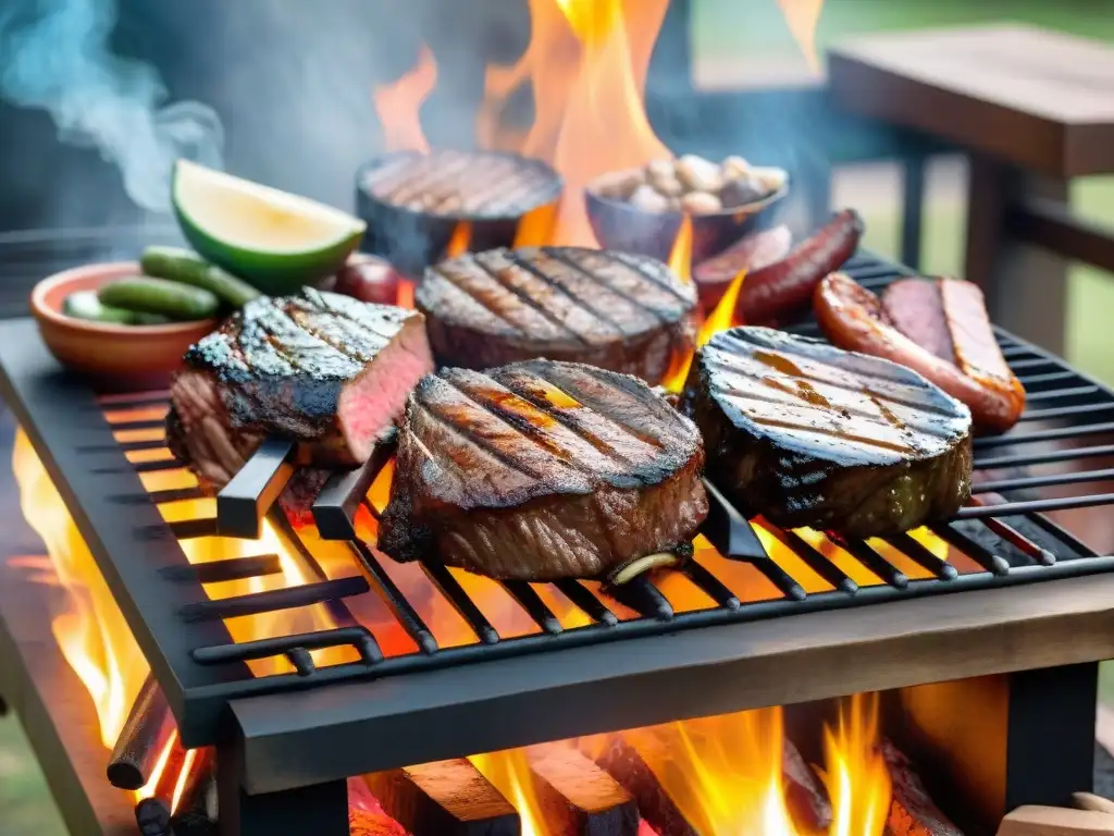 Un festín visual del asado uruguayo virtual con cortes suculentos y llamas, evocando la tradición de una parrillada