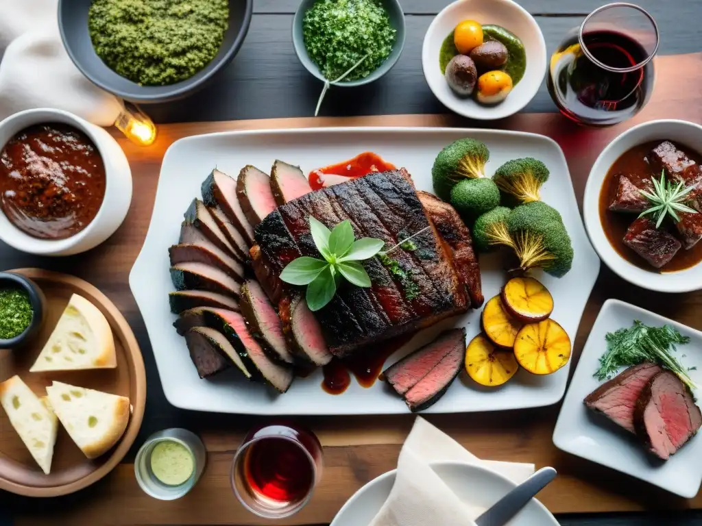 Un festín visual de un asado uruguayo tradicional con maridaje de vinos uruguayos, evocando calidez y deleite culinario