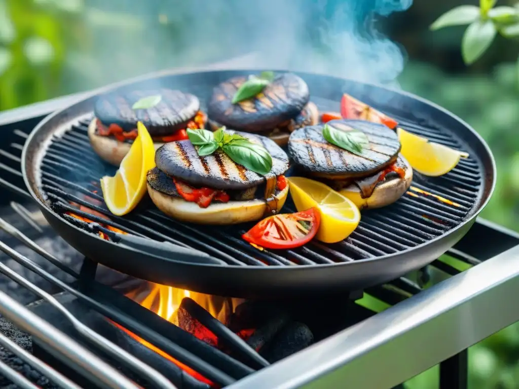 Un festín visual de asado vegetariano: portobellos con salsa romesco en parrilla, rodeados de un jardín verde y soleado