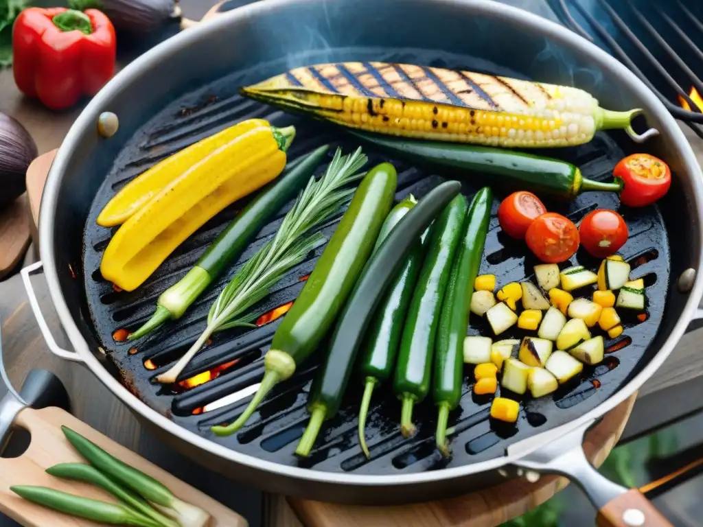 Un festín visual: asado vegetariano punto perfecto con verduras a la parrilla, colores vibrantes y textura tentadora