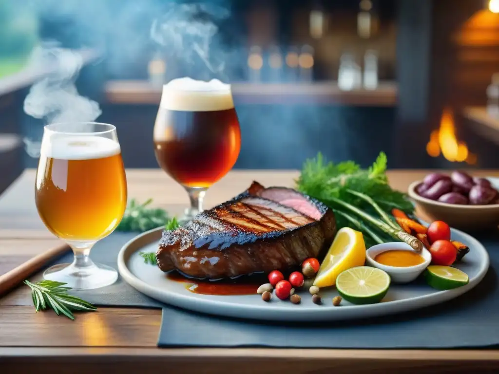 Un festín visual de cervezas artesanales para asados con detalles vibrantes y suculentas carnes a la parrilla, bañado en cálida luz dorada