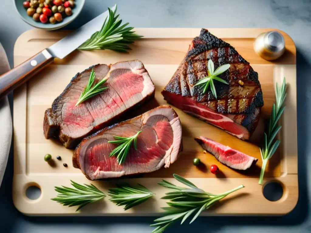 Un festín visual de cortes de carne para asado en una tabla de madera, resaltando su calidad y frescura con hierbas y especias