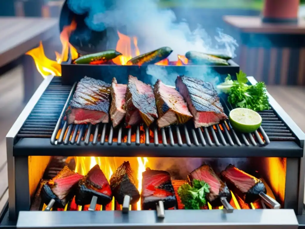 Un festín visual de creatividad culinaria asado uruguayo, con carnes, chimichurri y humo