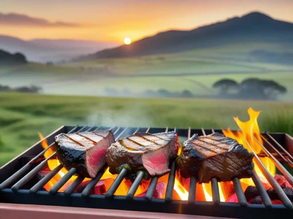 Un festín visual de la cultura asado uruguaya: parrilla con carne de alta calidad, en un entorno campestre al atardecer