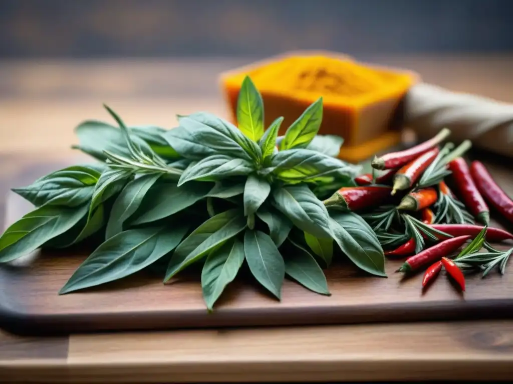 Un festín visual de hierbas y especias frescas, perfecto para un asado vegetal con especias