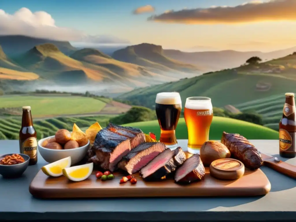 Un festín visual: Maridaje cervezas artesanales asado Uruguay en mesa rústica con paisaje campestre al atardecer