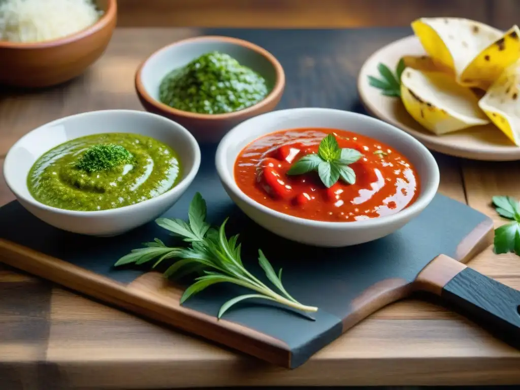 Un festín visual: maridaje salsas uruguayas cortes carne en mesa rústica, con chimichurri, salsa criolla y salsa caruso