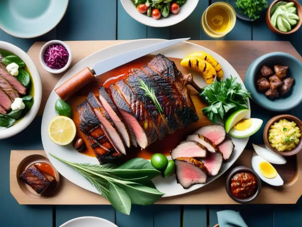 Un festín visual: Menú balanceado para asado uruguayo con carnes, ensaladas y guarniciones en una mesa al aire libre