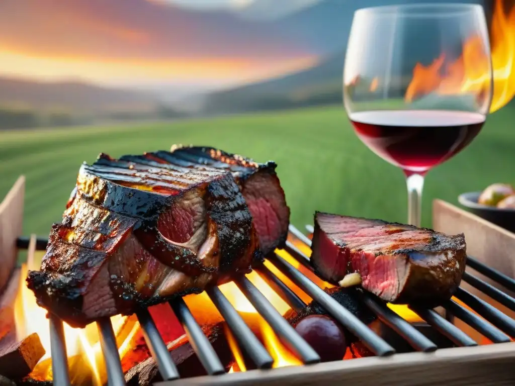 Un festín visual: parrilla con asado y vinos Tannat uruguayos, en el atardecer