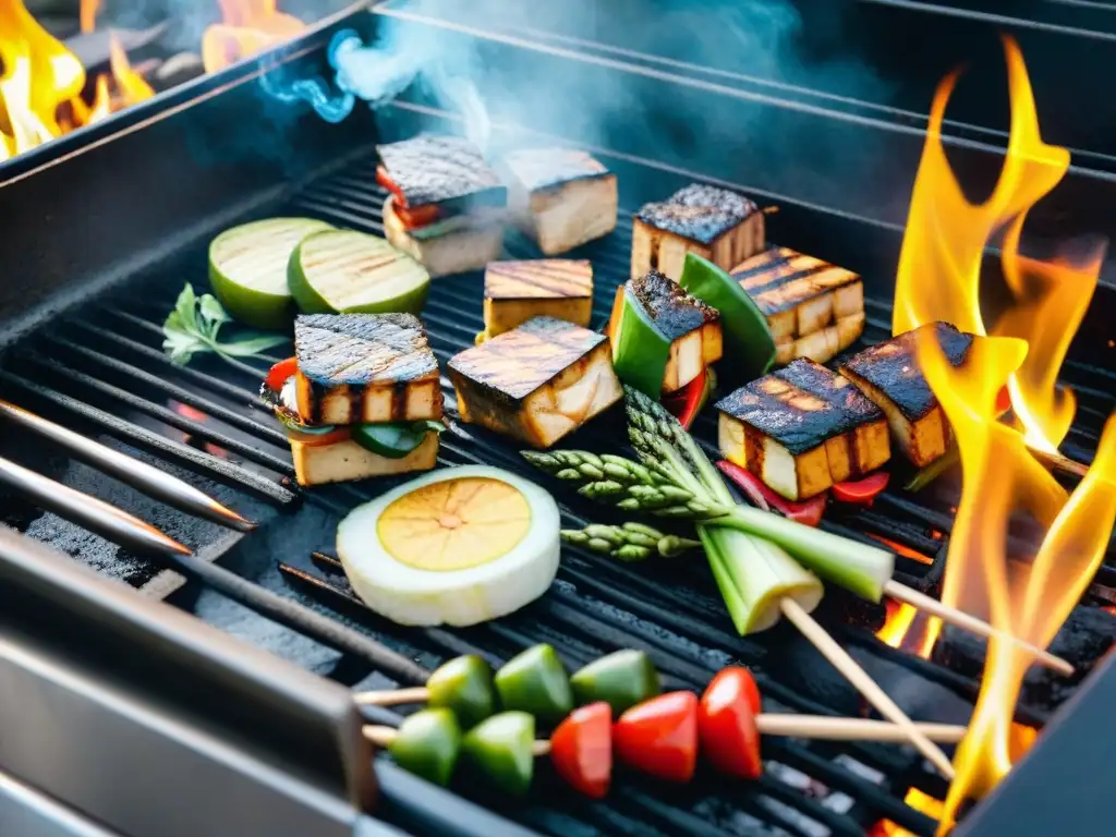 Un festín visual de parrilla ética uruguaya con verduras, tofu y hamburguesas veganas, rodeado de fuego y humo