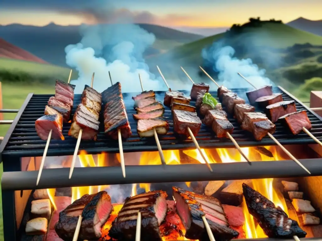 Parrilla uruguaya: carne al espiedo en 8k Un festín visual de una parrilla uruguaya tradicional con carne al espiedo, en la campiña