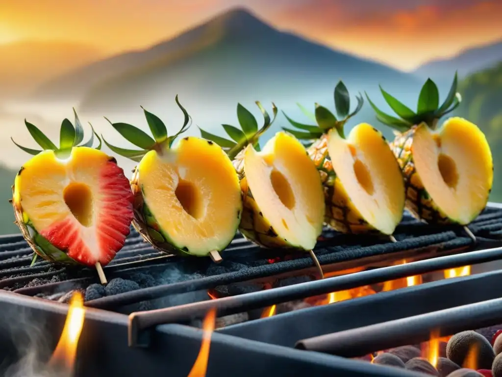 Un festín visual de postres asados con frutas en una parrilla caliente bajo el atardecer de verano