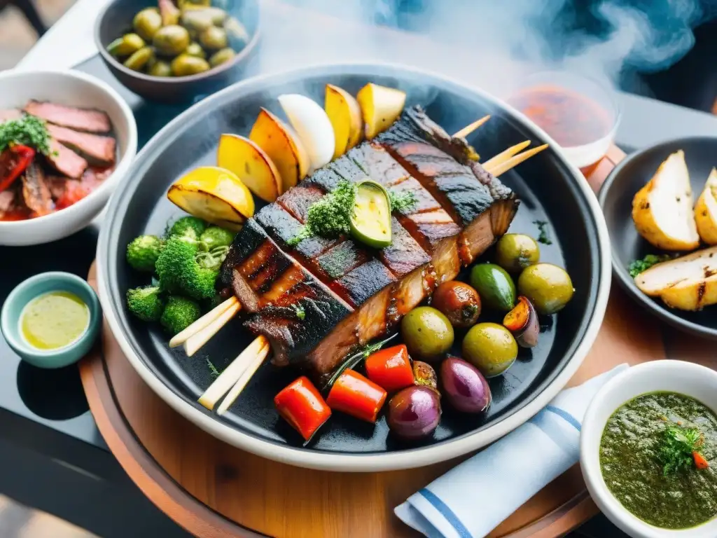 Un festín visual de recetas asado uruguayo sabores portugueses: parrilla repleta de carne y acompañamientos coloridos bajo el cálido sol