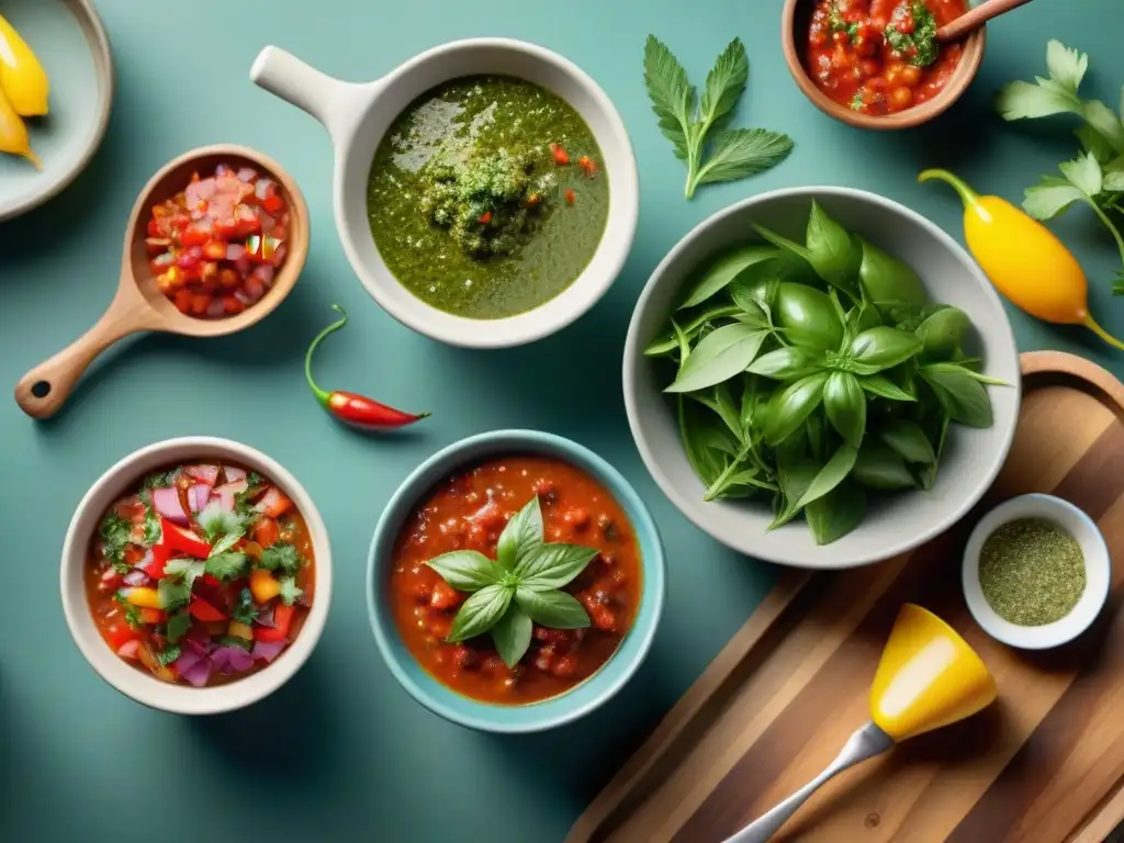 Un festín visual de salsas y aderezos para asado en vibrantes colores y texturas, listos para maridar con vinos