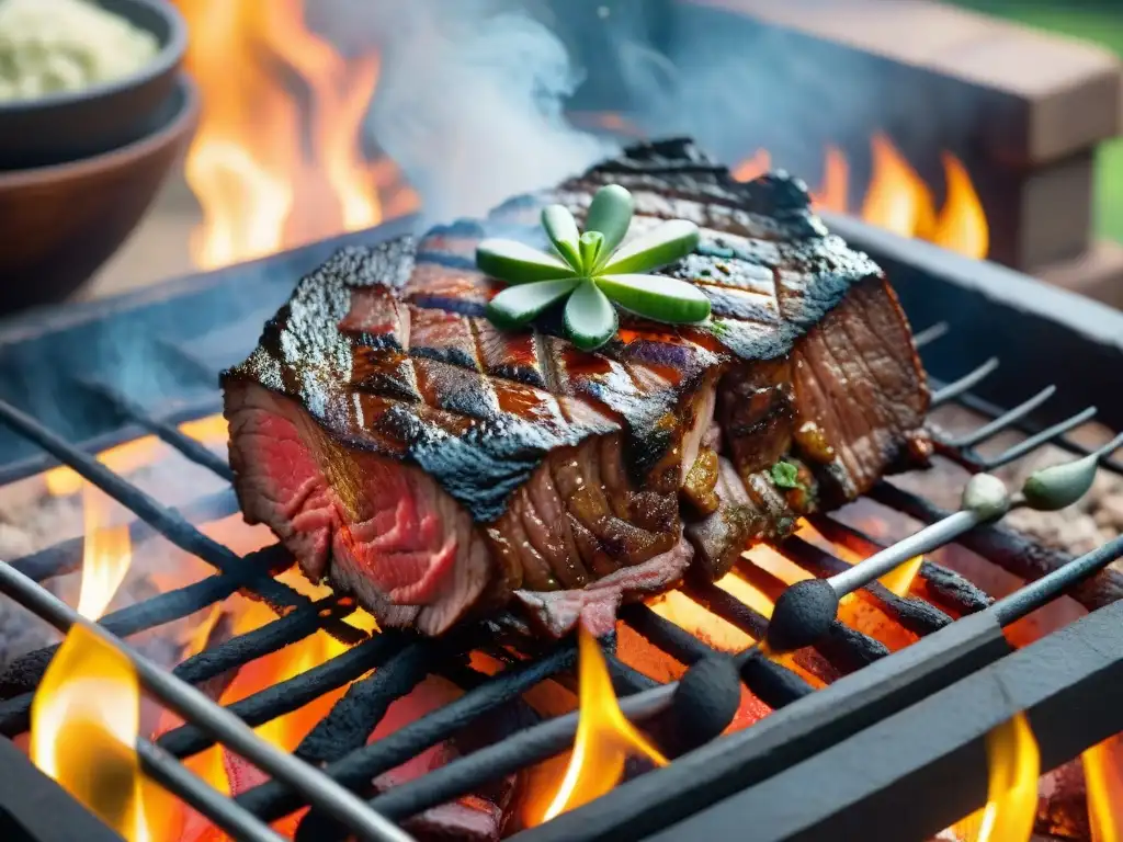 Un festín visual de Secretos del asado de tira: carne jugosa y tierna con chimichurri, en una parrilla uruguaya tradicional