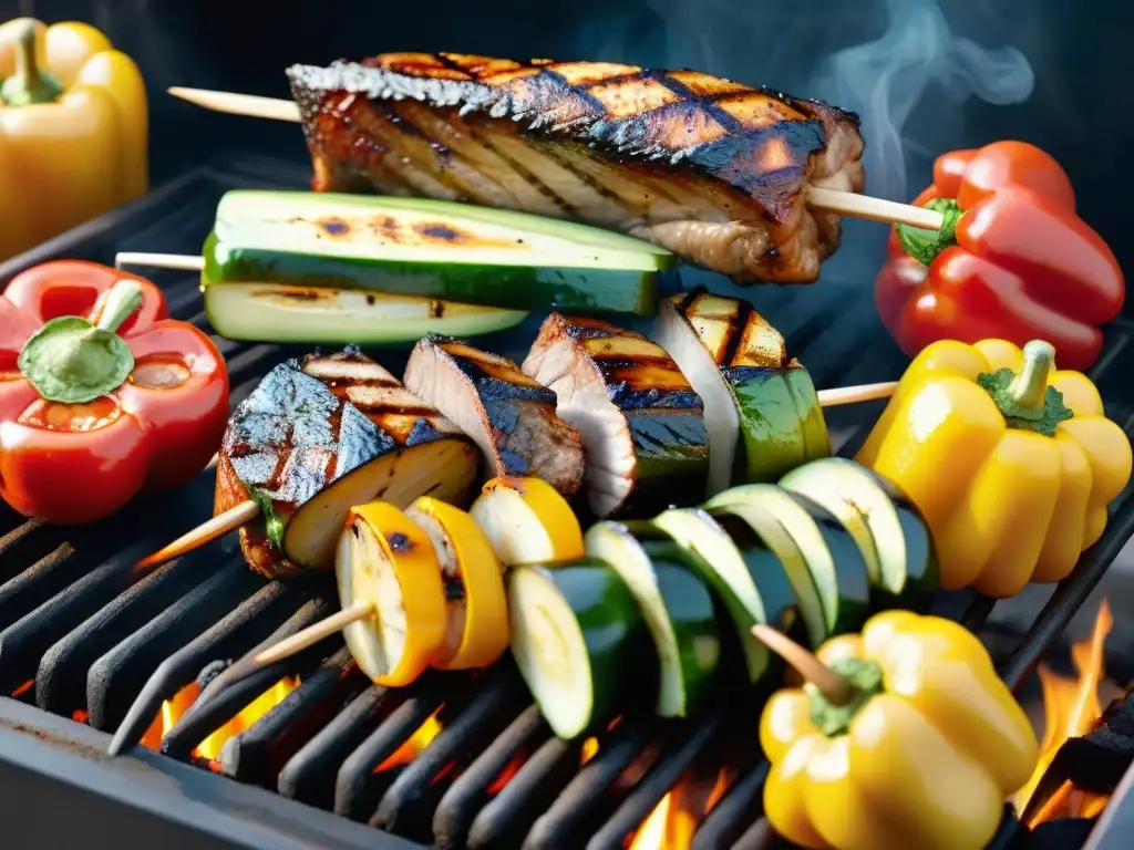 Un festín visual de vegetales y carnes asadas en una parrilla, perfectamente dorados y jugosos