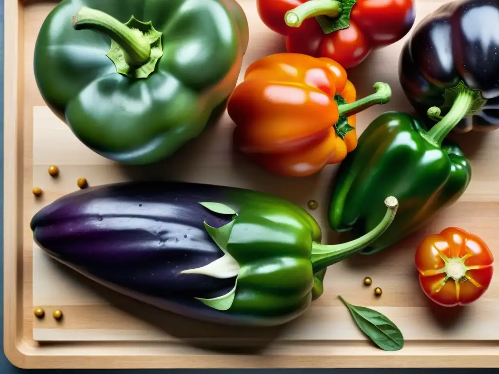 Un festín visual de verduras frescas lavadas y brillantes sobre tabla de cortar de madera