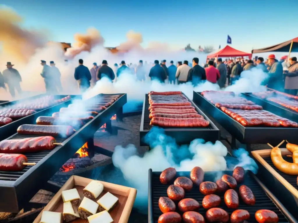 Una festiva historia del asado uruguayo en un festival con mesas repletas de carne, chorizos y morcillas, gauchos y multitud alegre bajo el cielo azul