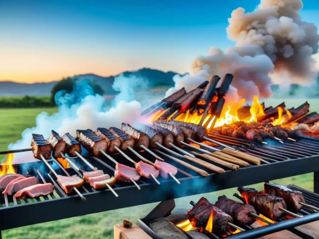 Festival de asado al aire libre en Uruguay, gente disfrutando de parrillas y ambiente animado