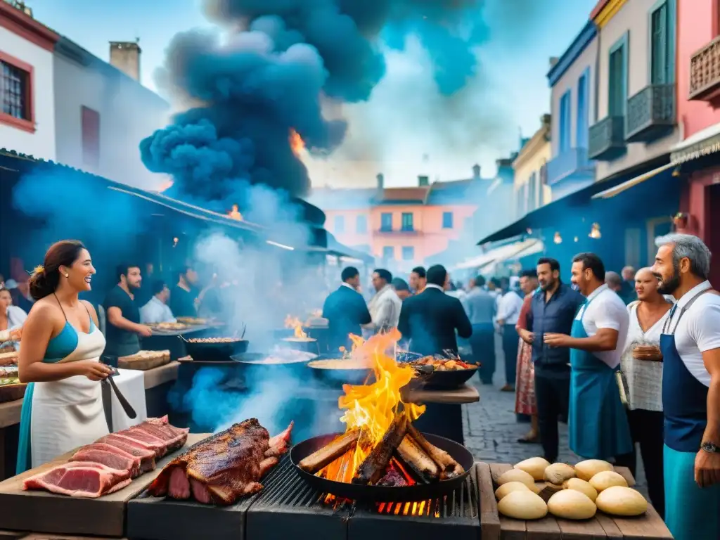 Festival de asado en Uruguay: Calle bulliciosa con puestos coloridos y gente disfrutando de la comida y la compañía