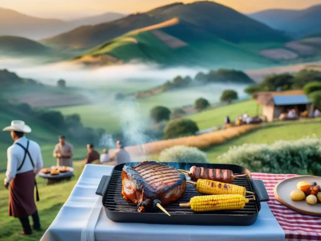 Festival de asado en Uruguay: Gauchos cocinando carne a la parrilla en un hermoso paisaje campestre con colinas y huéspedes disfrutando