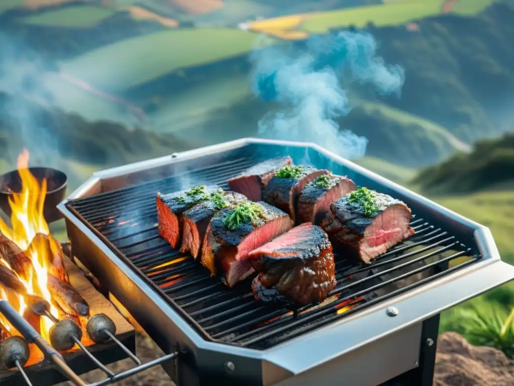 Un festival de asado en Uruguay con cortes de carne y chimichurri, en un paisaje campestre festivo