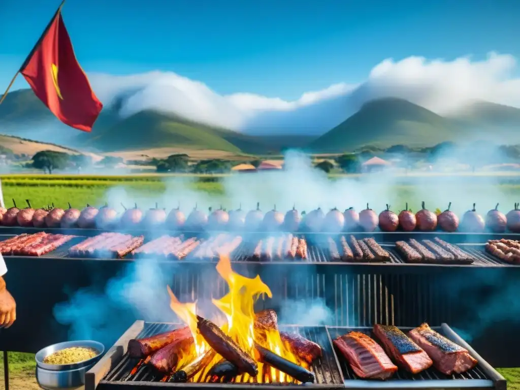 Festival de asado en Uruguay: escena detallada de parrillada al aire libre con gente disfrutando bajo el cielo azul