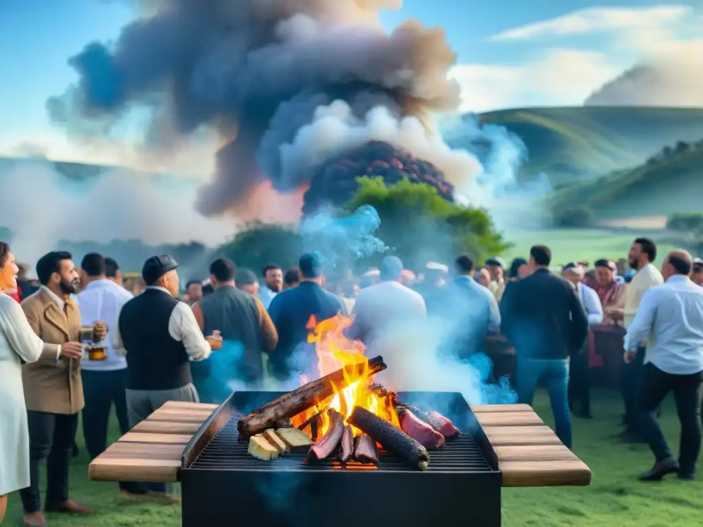 Festival de asado en Uruguay: Grill humeante rodeado de gente y bandera uruguaya, en un festivo ambiente campestre